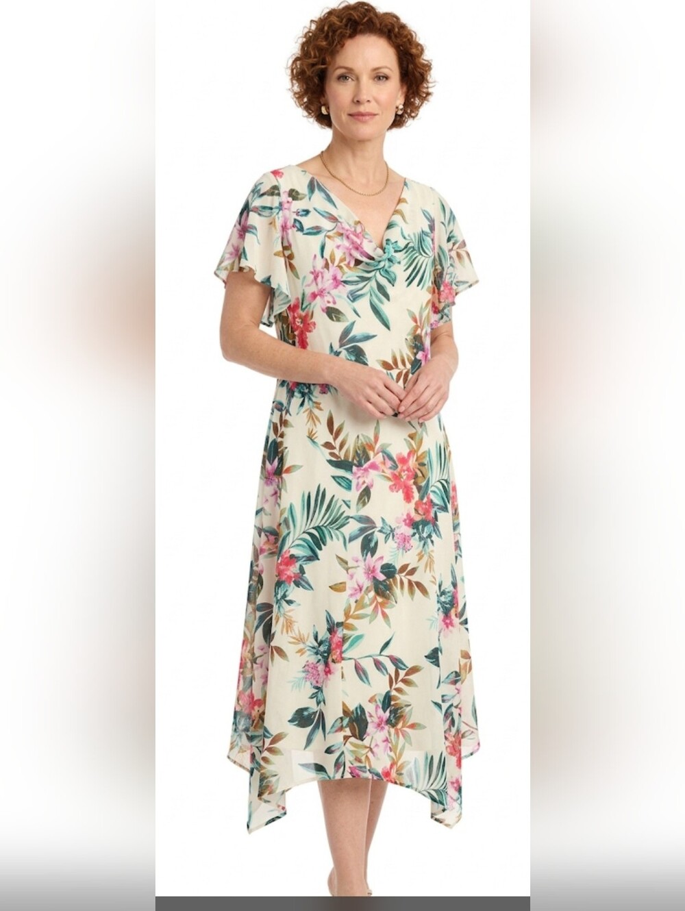 Robbie Bee Signature Cream Dress With  Pink Floral Print,Size 18 W.